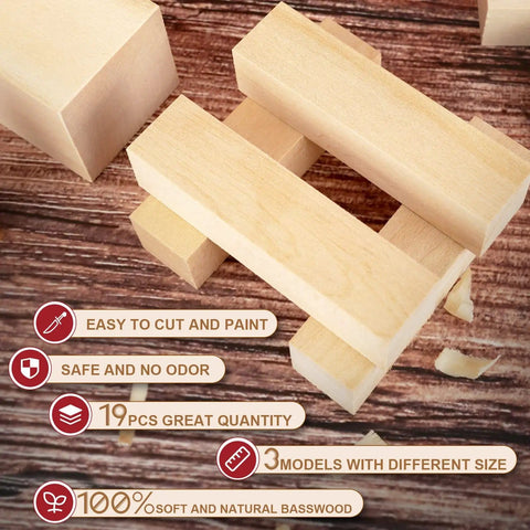 Dope Whittling Wood Blocks Kit With 19 Pieces For Basswood Carving In Three Sizes, Includes 12 Rectangles 1X1X4, 6 Cubes 2X2X4