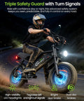 Rider on black 16 Inch Fat Tire Electric Bike For Adults And Teens With Peak 1500W Motor, 28 MPH, safety features at night