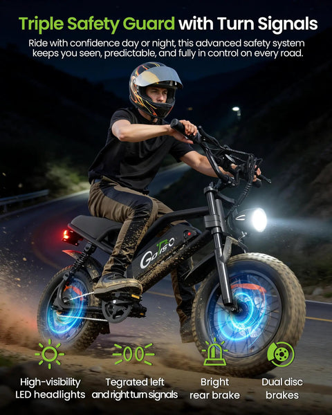 Rider on black 16 Inch Fat Tire Electric Bike For Adults And Teens With Peak 1500W Motor, 28 MPH, safety features at night