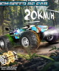 Rad 2WD Off Road RC Truck with Bright LED Headlights speeding at 20 km/h on forest trail