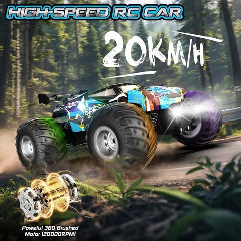 Rad 2WD Off Road RC Truck with Bright LED Headlights speeding at 20 km/h on forest trail