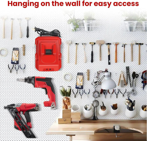 Rapid 18V Lithium Battery Charger Station mounted on pegboard with tools