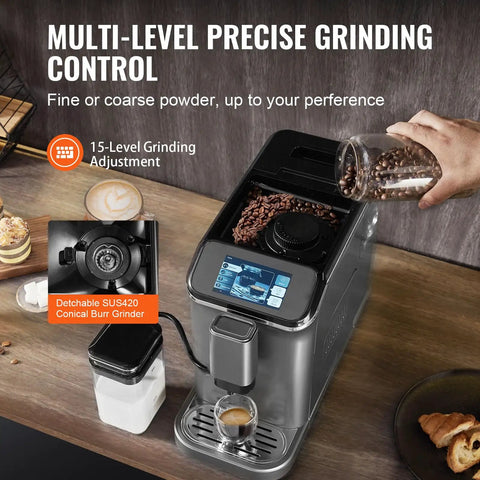 Fully Automatic Espresso Machine With Integrated Grinder And One Touch Milk Frother Delivering Hella Smooth Lattes And Bold Cappuccinos Any Day With Adjustable Bean Grinds And A Sleek Touch Interface For Effortless Home Bar Fun displaying coffee beans being added for grinding.