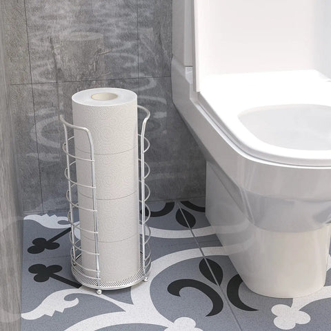 Free Standing Toilet Paper Holder Stand In Brushed Nickel Stainless Steel, Holds 3 To 4 Rolls, beside toilet on patterned floor