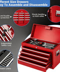 Heavy Duty Rolling Tool Chest With Five Spacious Drawers And Lockable Bottom Cabinet Detachable Mobile Workbench For Garage Storage displaying key, buckle lock, and organized tools.