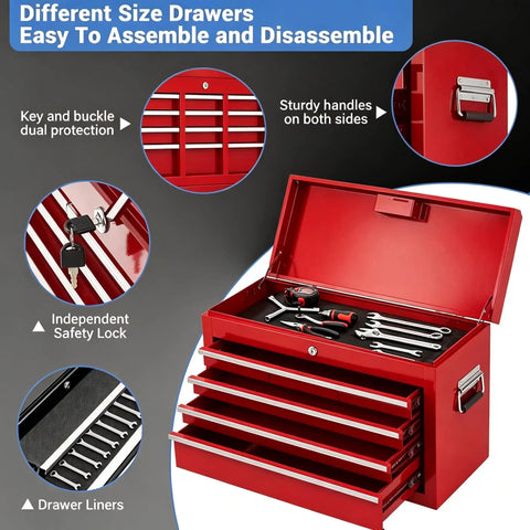 Heavy Duty Rolling Tool Chest With Five Spacious Drawers And Lockable Bottom Cabinet Detachable Mobile Workbench For Garage Storage displaying key, buckle lock, and organized tools.