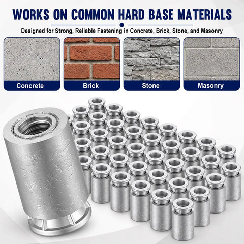 Forty Piece Pack Lead Concrete Anchors With 3/8-16 Inch Thread, Heavy Duty Masonry Fasteners For Brick Stone Walls, Hurricane Shutters And Solid Gear Construction Hardware Kit, showing silver lead anchors.