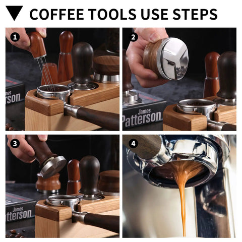 53mm Espresso Distributor And Pro Grade Adjustable Depth Tamper Leveler With Walnut Wood Handle Fits 54mm Breville Barista Portafilter in use.