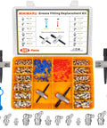 Front view of SAE/Metric grease fitting replacement kit in yellow case, 332 pieces with caps and two removal tools