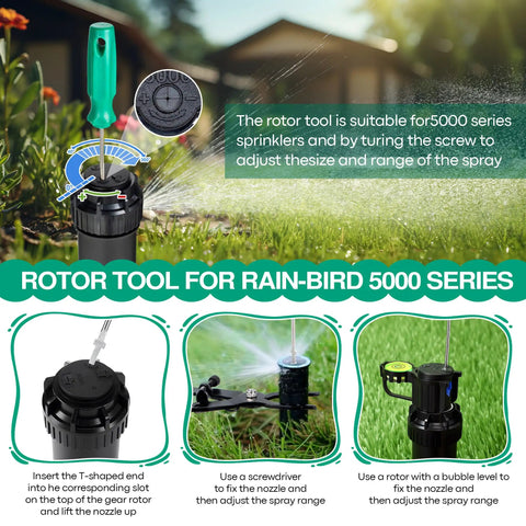Five Pack All In One Sprinkler Head Tool Kit for Rain Bird and Hunter Systems with sprinkler and adjustment tools visible