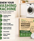 Image of Heavy Duty Washing Machine Cleaner and Descaler Tablets with Deodorizer, Eco-friendly box and washing machine in background.