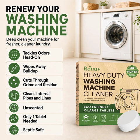 Image of Heavy Duty Washing Machine Cleaner and Descaler Tablets with Deodorizer, Eco-friendly box and washing machine in background.