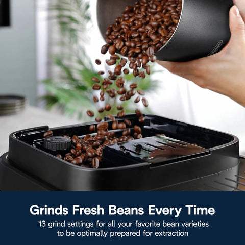 Certified Renewed Fully Automatic Espresso Machine With Built In Grinder And No Fuss Milk Frother Programmable One Touch Coffee Maker pouring fresh coffee beans into grinder.