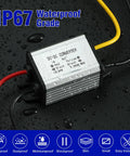 Premium DC-DC Buck Converter Step-Down Voltage Regulator Cranks Out 7.5V At 3 Amps From Your 12V Or 24V Source With Rock Solid Efficiency shown with waterproof grade and connections.