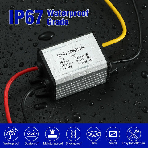 Premium DC-DC Buck Converter Step-Down Voltage Regulator Cranks Out 7.5V At 3 Amps From Your 12V Or 24V Source With Rock Solid Efficiency shown with waterproof grade and connections.
