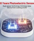 Internal view of Battery Operated Photoelectric Smoke Alarm With Test Button And Low Battery Warning, Dual Sensor Fire Detector For Home Safety, No Hassle Install And Fewer False Alarms From Kitchen Steam, Six Pack highlighting dual sensors.