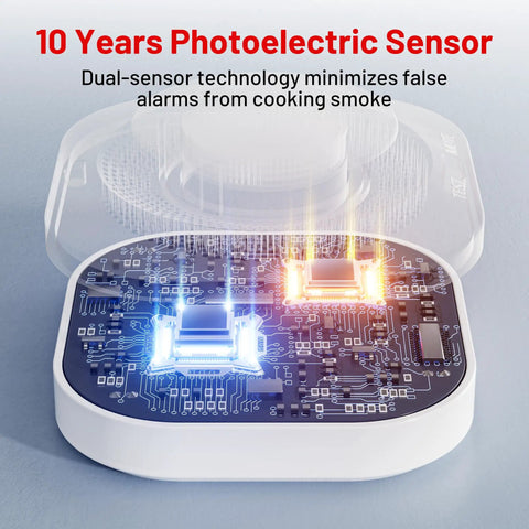 Internal view of Battery Operated Photoelectric Smoke Alarm With Test Button And Low Battery Warning, Dual Sensor Fire Detector For Home Safety, No Hassle Install And Fewer False Alarms From Kitchen Steam, Six Pack highlighting dual sensors.