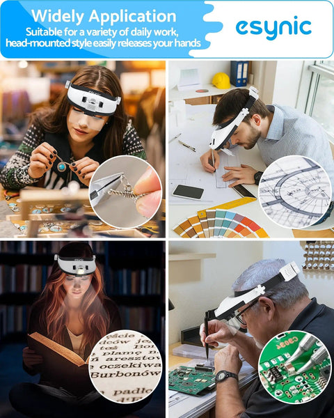 Collage of people using Head Magnifier With LED Light For DIYers Up To 6X Magnification With 5 Interchangeable Lenses in different tasks.