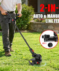 User operating Cordless 12 Inch 3 In 1 String Trimmer Weed Eater Tool Only Red Workhorse with 8500 RPM motor on lawn