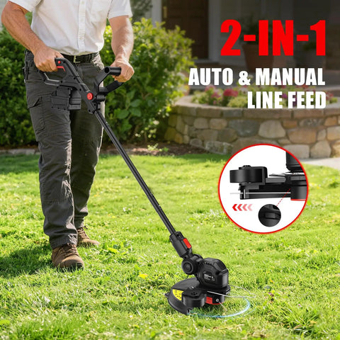 User operating Cordless 12 Inch 3 In 1 String Trimmer Weed Eater Tool Only Red Workhorse with 8500 RPM motor on lawn