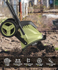 Electric Tiller Cultivator 14 Inch With Folding Handle, 12 Amp Corded Garden Rototiller, side view in garden use