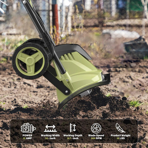 Electric Tiller Cultivator 14 Inch With Folding Handle, 12 Amp Corded Garden Rototiller, side view in garden use