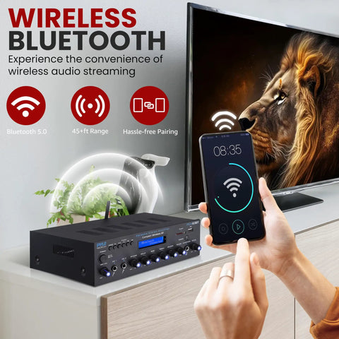 Wireless Bluetooth Stereo Amplifier Multi Channel 200 Watt Power Home Audio Receiver With FM Radio USB SD AUX RCA Mic In Built In