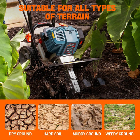 Beast 46cc 4 Cycle Gas Powered Tiller Cultivator with Full Crank Engine, performing on soil amidst greenery.
