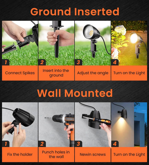 Installation steps for Low Voltage 7W Outdoor Landscape Lights With Connectors, 2700K Warm White IP66 Waterproof Spotlights shown.