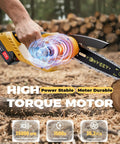 Cordless Pole Saw and Mini Chainsaw Two in One Lightweight Electric Yard Tool With Brushless Motor Battery Powered, hand using chainsaw on log with motor illustration