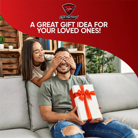 Woman covering man's eyes with a gift box, promoting Water Spot Remover Bundle Two Bottle Upgraded For Glass And Paint.