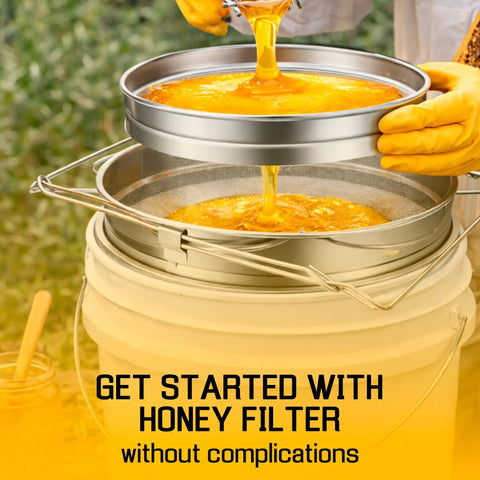 Beekeeping Honey Strainer Filter Set Two Piece With Double Sieve Stainless Steel Beehive Extractor Gear over bucket