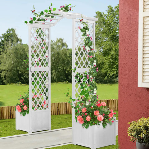 Durable Fir Wood Garden Arbor With Planter Boxes And Trellis For Climbing Plants Veggies And Herbs White Outdoor Archway