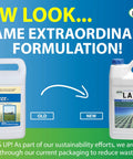 Comparison of old and new packaging of 1 gallon Liquid Harvest Lazer Blue Spray Pattern Indicator Dye for lawns and turf.