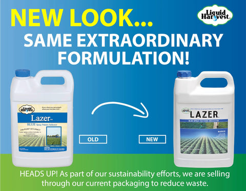 Comparison of old and new packaging of 1 gallon Liquid Harvest Lazer Blue Spray Pattern Indicator Dye for lawns and turf.