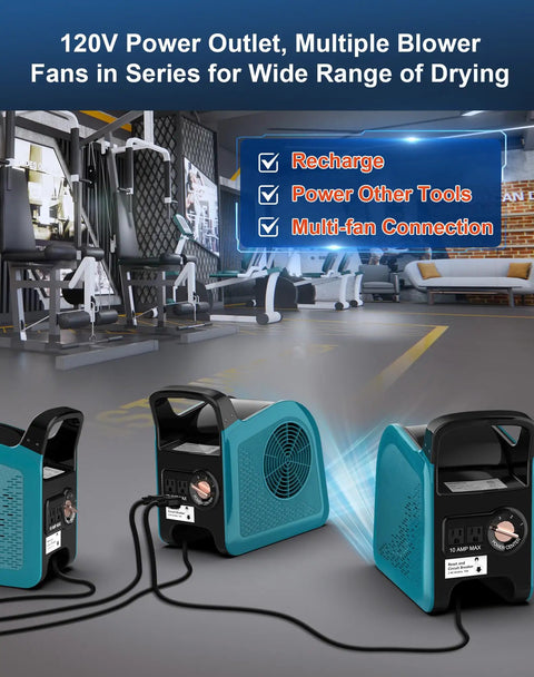 Beast Air Mover Blower Fan For Carpet Drying And Ventilation, 355 CFM fans connected in garage with 120V power outlet