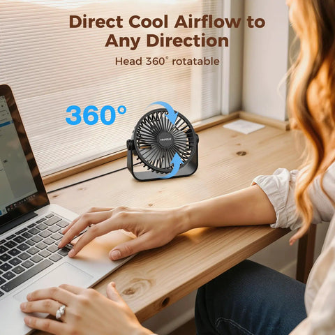 USB Desk Fan Portable Mini Personal Fan with 360 Degree Head on a desk, person typing nearby