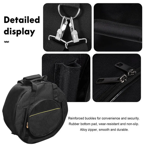 Detailed view of Road Ready Snare Drum Case And Gig Bag with padded straps, reinforced buckles, and durable alloy zippers.