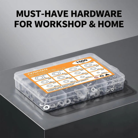 Box of 1000 Piece Zinc Plated Steel Flat Washers Workhorse Set With Eight Common Sizes M2 M3 M4 M5 M6 M8 M10 M12