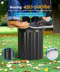Upgraded 15 Inch Portable Toilet With Removable Paper Holder for camping showing heavy-duty 450 lb capacity with shoes on top.