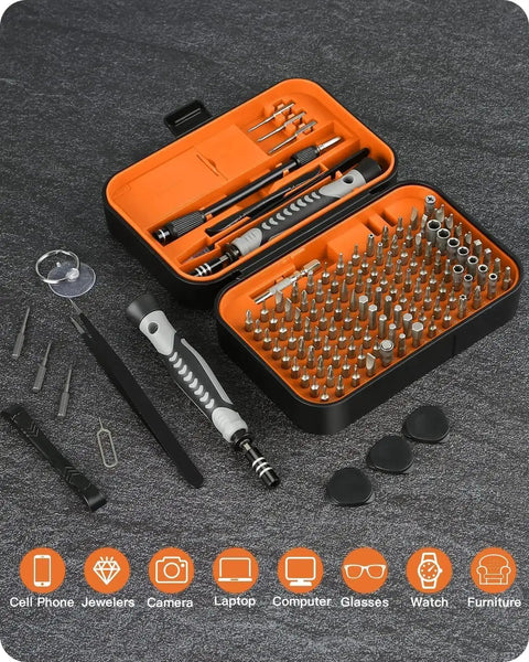 130-In-1 Precision Screwdriver Set With 120 Bits Magnetic Repair Kit For Electronics And Gadgets Built-In Mini Case displayed open