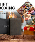 Mens Slim Leather Bifold Wallet With RFID Blocking Minimalist Front Pocket Design Gift Box Included on wooden table with gifts