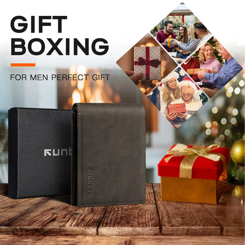 Mens Slim Leather Bifold Wallet With RFID Blocking Minimalist Front Pocket Design Gift Box Included on wooden table with gifts