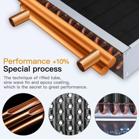 Close-up of 16x17 Water To Air Heat Exchanger With 1 Inch Copper Ports And Hot Water Coil, highlighting rifled tubes and sine wave fins.