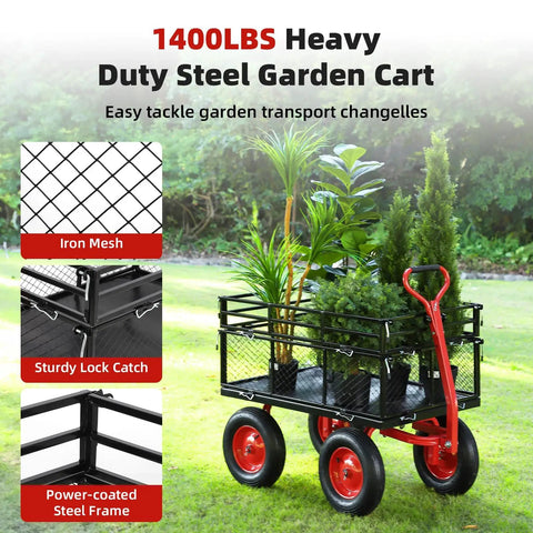 Heavy Duty Garden Wagon Cart With 1400 Lbs Capacity And Mesh Sides, 2 In 1 Handle, 16 Inch Tires, carrying plants