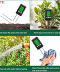 Image shows an All In One 6 In 1 Soil Tester With pH Meter And LCD Display Measures Soil Moisture Temperature Humidity And Fertility For Gardening Lawn Farm And Outdoor Plants, featuring measurement tips and maintenance instructions.