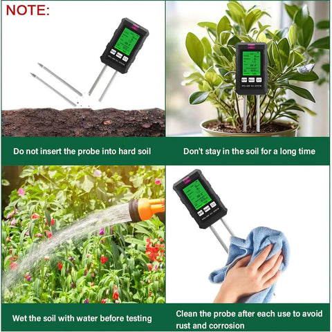Image shows an All In One 6 In 1 Soil Tester With pH Meter And LCD Display Measures Soil Moisture Temperature Humidity And Fertility For Gardening Lawn Farm And Outdoor Plants, featuring measurement tips and maintenance instructions.