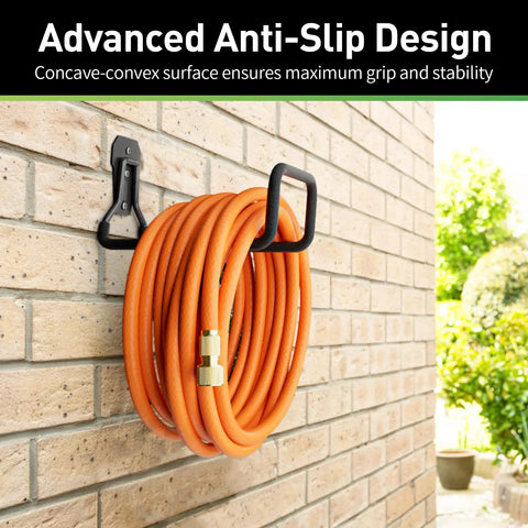 Heavy Duty Garden Hose Holder Wall Mount Built Tough Steel Hose Hanger with hook holding orange hose on brick wall
