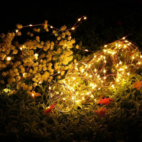 Fairy String Lights 33 Ft 100 LEDs Copper Wire Plug In Indoor Outdoor With 8 Lighting Modes And Memory Function glowing in garden