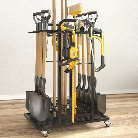 Garden Tool Organizer With Lockable Wheels, Heavy Duty 3 Tier Yard Tower Rack For Garage, Holds Up To 35 Long Handled Tools
